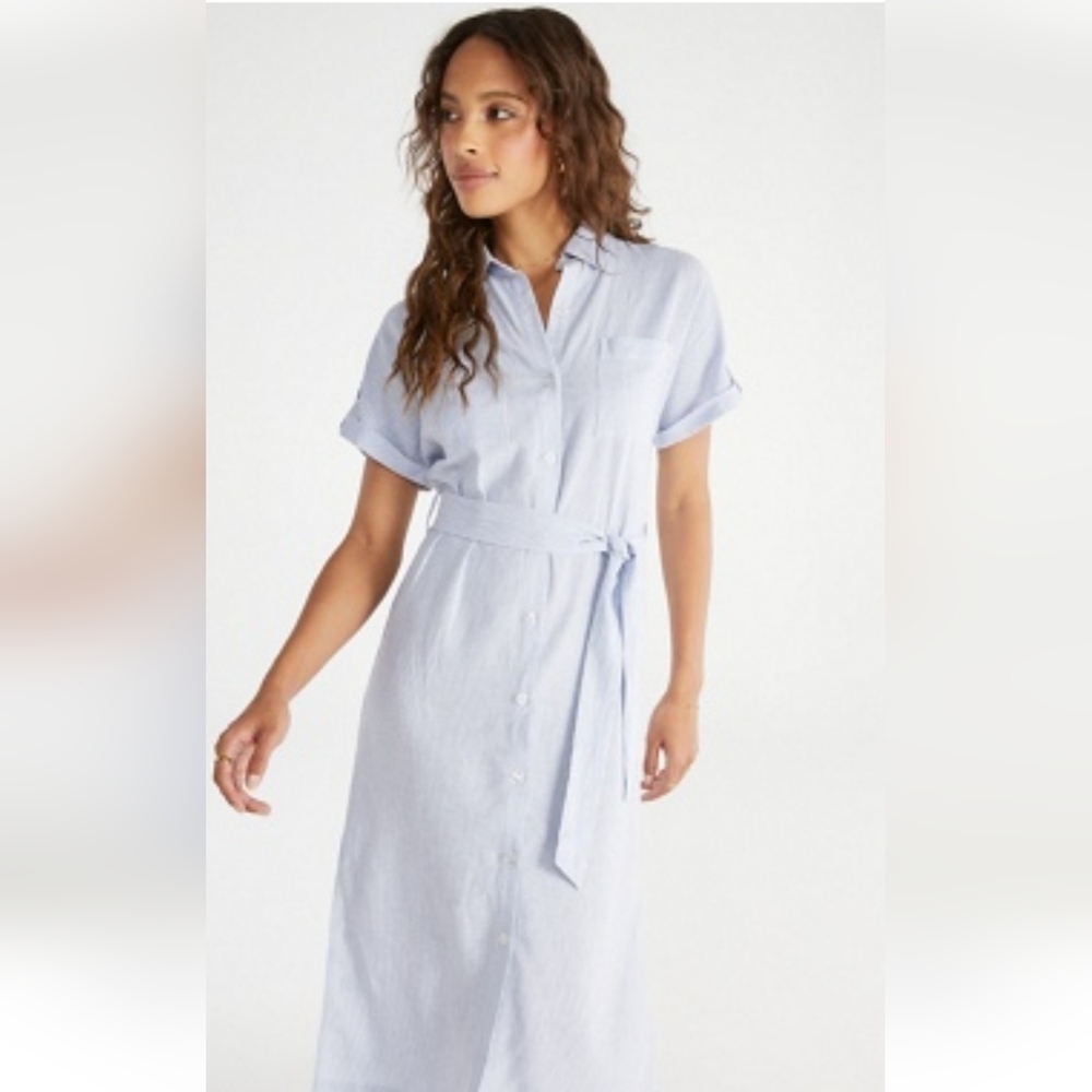 JustFab Women's Linen Blue Stripe Midi Short/Cap Sleeve Shirt Dress Size S